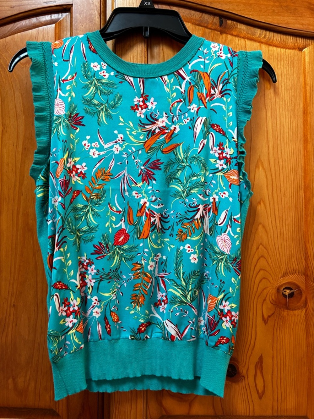 Floral Teal Sleeveless Ruffle-Trim Tank Top